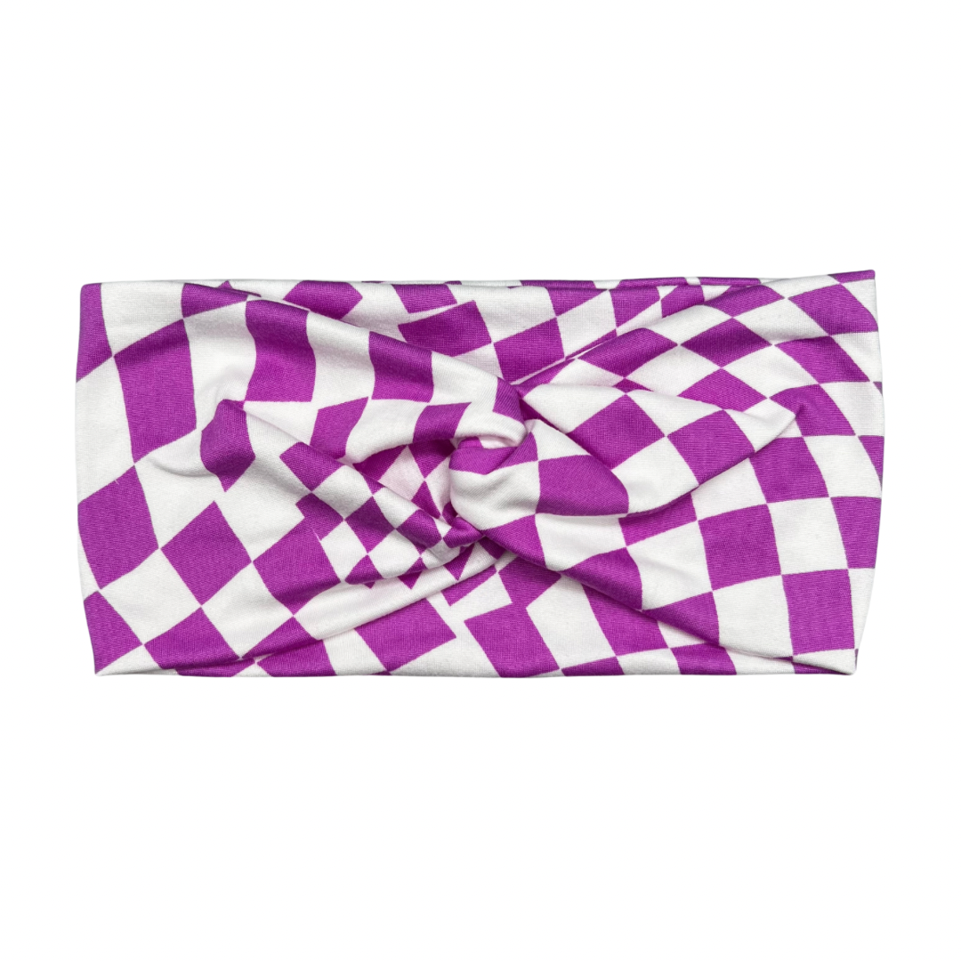Turban Headband - Purple and White Wavy Checkers